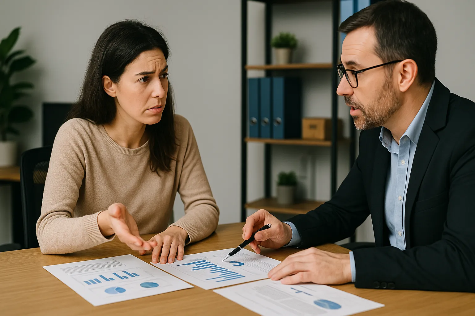 crea una imagen de una persona conversando con su ejecutiva bancaria. debate. revisando informes. 16:9. en la imagen no pongas textos, no pongas palabras, no pongas letras.
